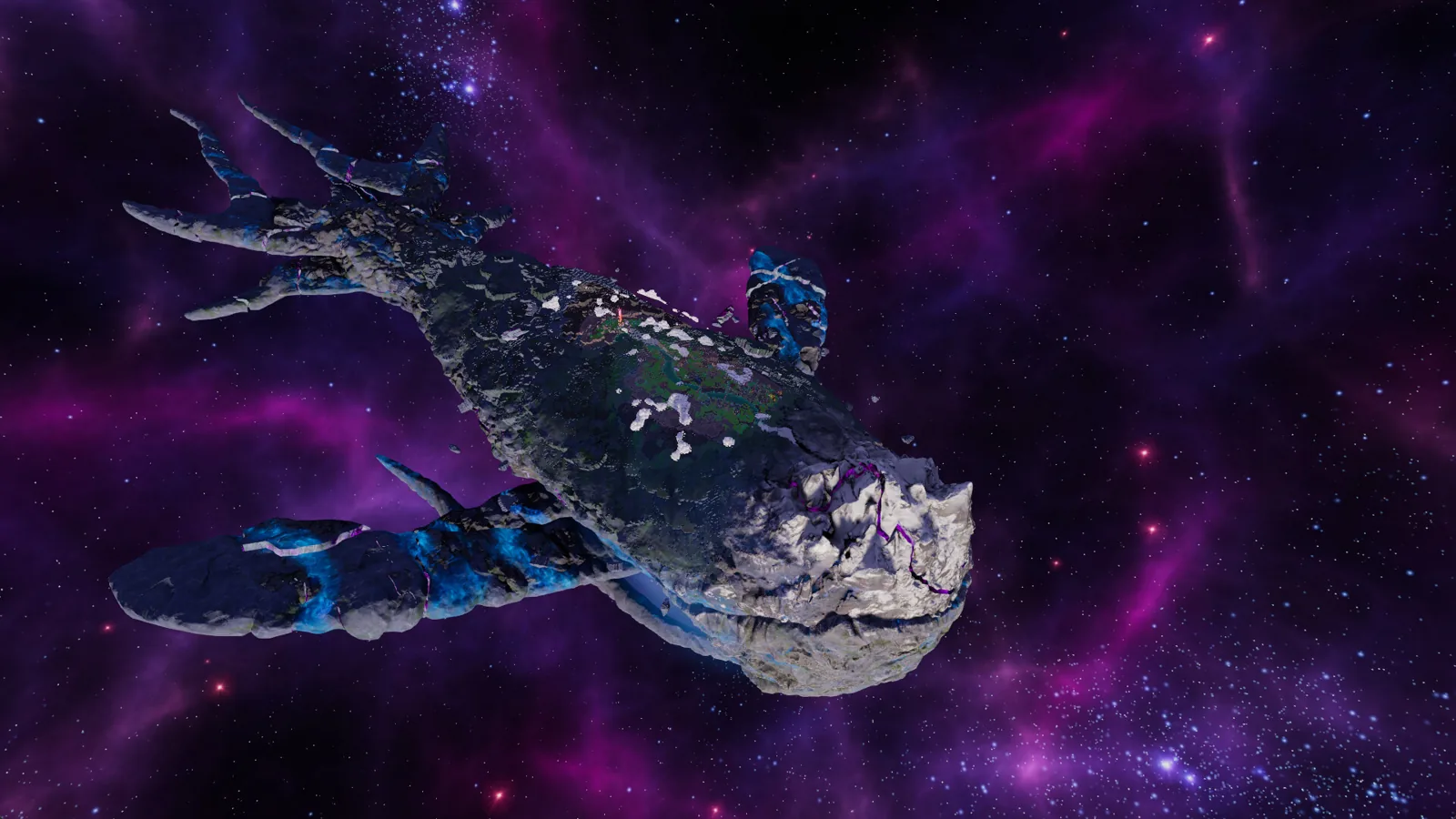 A giant whale silhouette in space with a tiny lit settlement on its back